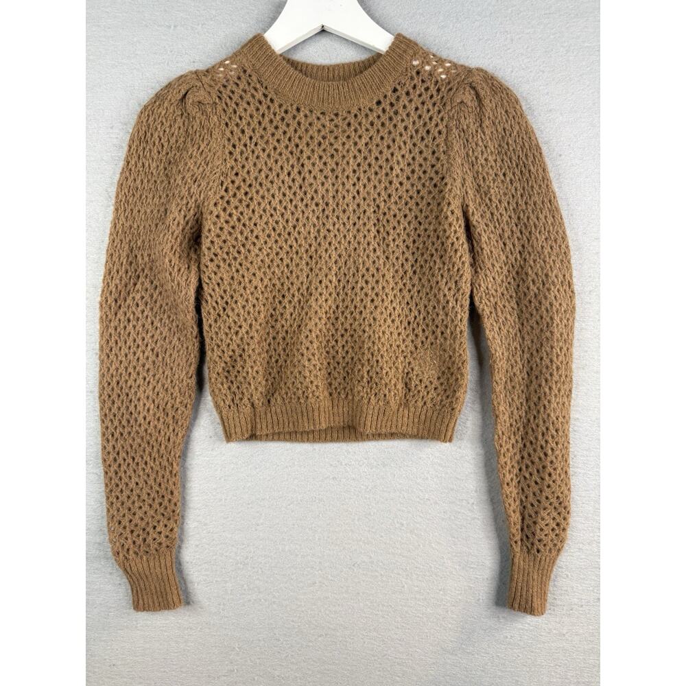 Wilfred Aritzia Alpaca Cropped Puff Sleeve Sweater Sz XXS Fishnet Tan Soft